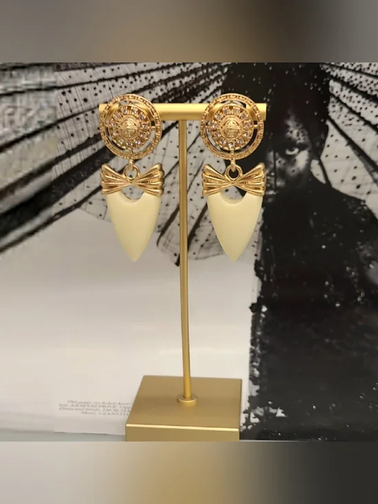 Vintage Estate Givenchy Cream Enamel Crystal Greek Key Bow Gold Earrings - Picture 14 of 16